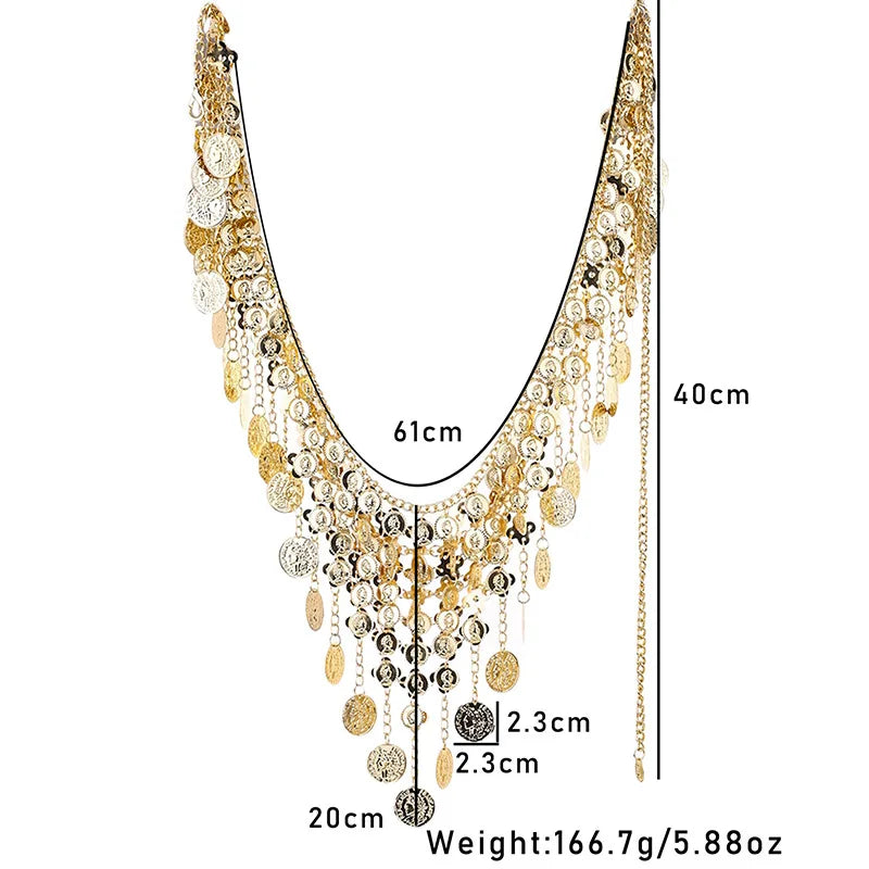 Punk exaggerated retro metal coin pendant necklace Fashion sexy exotic multi-layer fringe necklace waist chain women