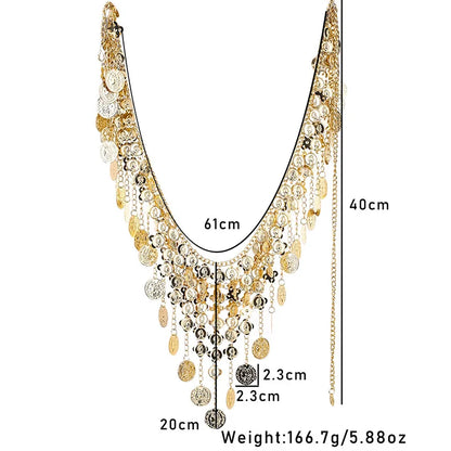 Punk exaggerated retro metal coin pendant necklace Fashion sexy exotic multi-layer fringe necklace waist chain women