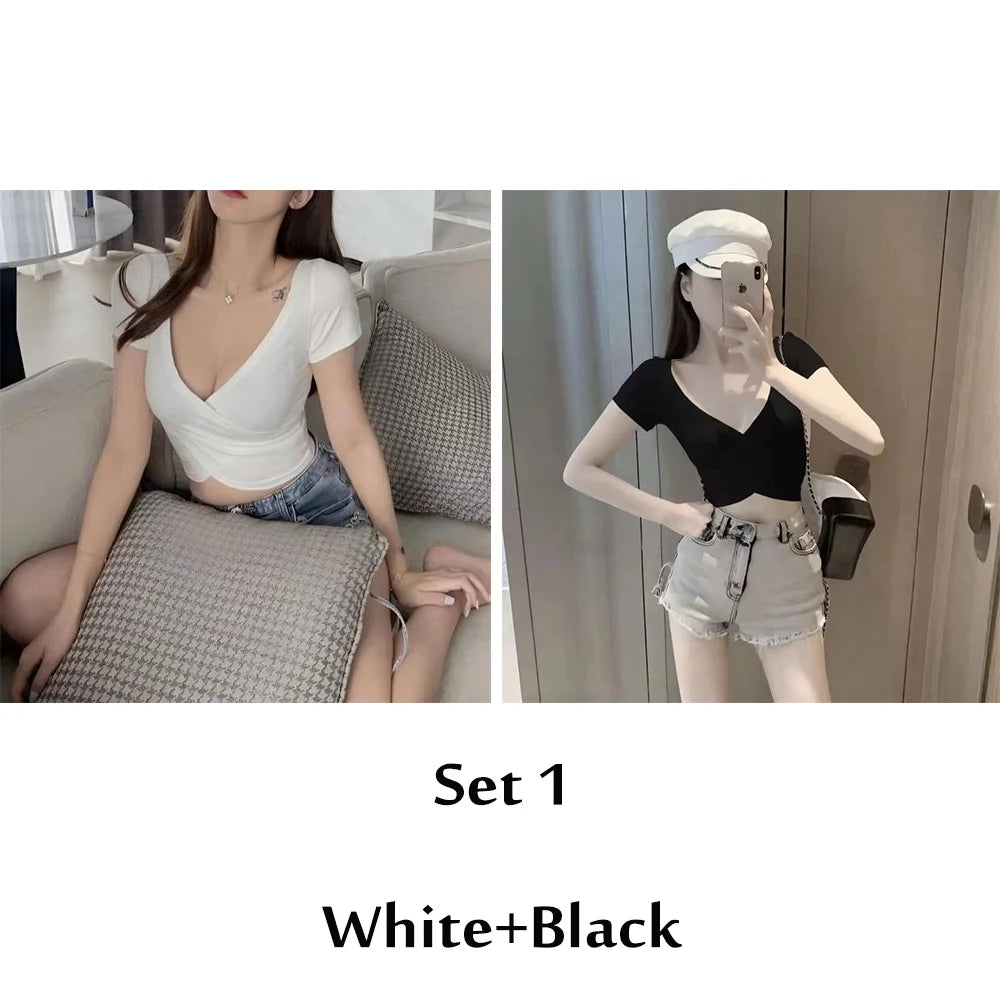 Korean Style Women's Tank Top Y2k Streetwear Solid Color Short Sleeved Crop Top Lady Summer Slim Fit Homewear Elastic Skinny Tee