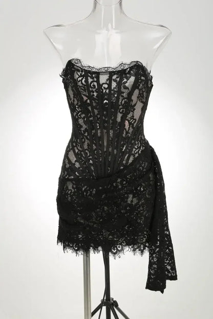 TARUXY Sexy Lace See-through Patchwork Corset Dress Female Bodycon Elegant Party MIrrgualr Mini Dress Women Tube Top Dress New