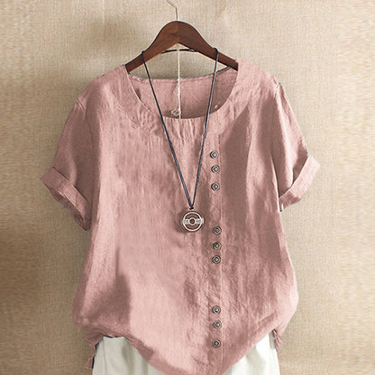 18 Colors S-5XL Women Cotton Linen Button Blouse Summer Female O-Neck Short Sleeve Solid Shirt Tops WYLP-M03