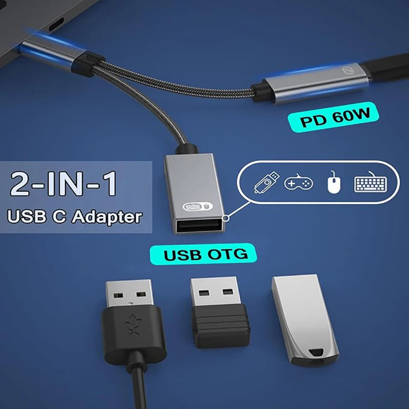 USB-C OTG Adapter Cable: Dual-Function Type-C to USB-A Converter with Power Delivery (PD) Charging Support