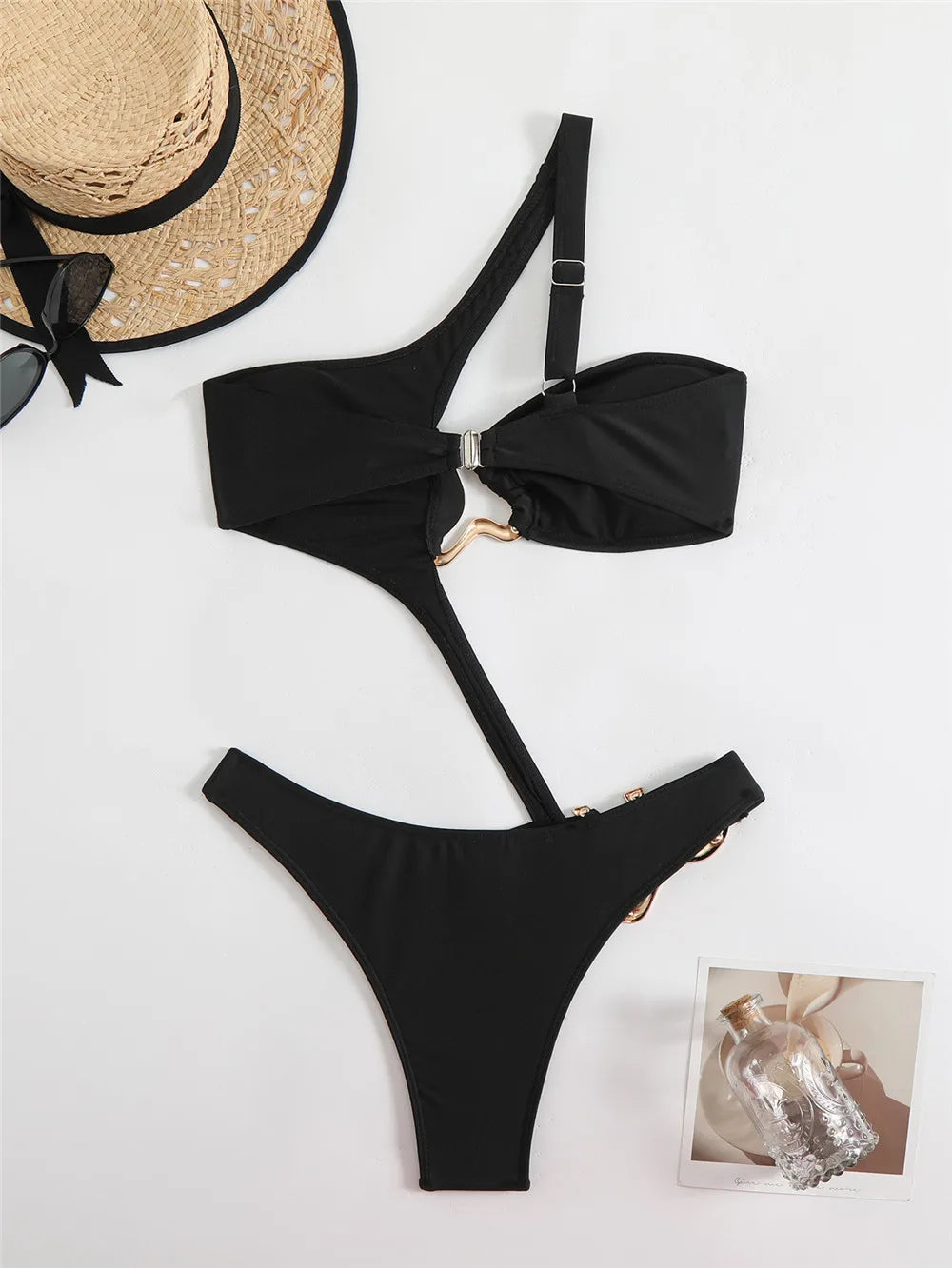 Sexy Black One Shoulder Swimwear One Piece Swimsuit Women 2026 Hollow Out Monokini Metal Ring High Cut Bathing Suit Swim Wear