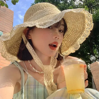 Summer Women's Lace Straw Beach Hat Foldable Sun Hat with Wide Brim Fresh Stylish Sunblock Shade Hat Perfect for Travel Holiday