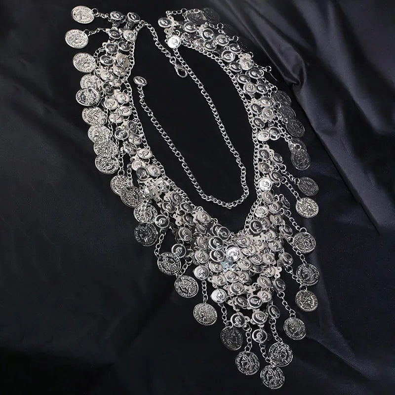 Punk exaggerated retro metal coin pendant necklace Fashion sexy exotic multi-layer fringe necklace waist chain women