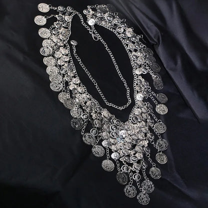 Punk exaggerated retro metal coin pendant necklace Fashion sexy exotic multi-layer fringe necklace waist chain women