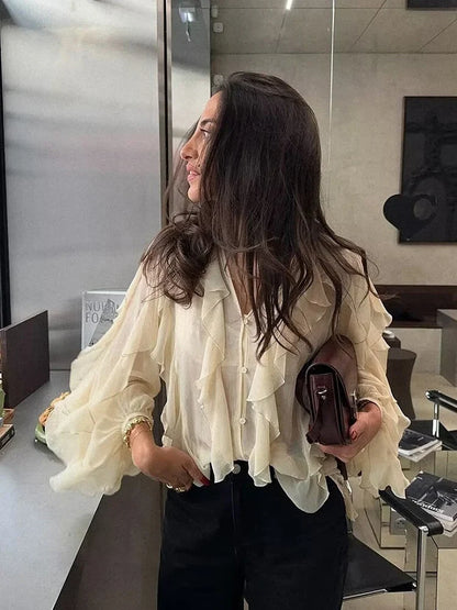 Foridol Ruffles Tiered V Neck Blouse Women Summer Spring Long Sleeve Casual Blusa Chiffon Blouses Buttons New in Female Top 2025