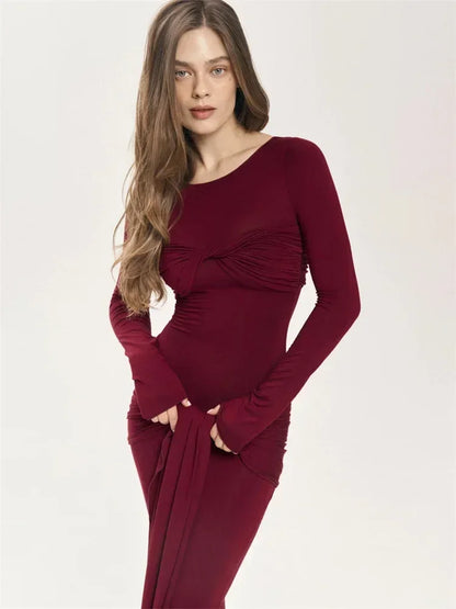Tossy Female Pleated Sexy Maxi Dress Patchwork Twist Slim Long Sleeve Solid Y2k Autumn Streetwear Dress Women's Bodycon Dress