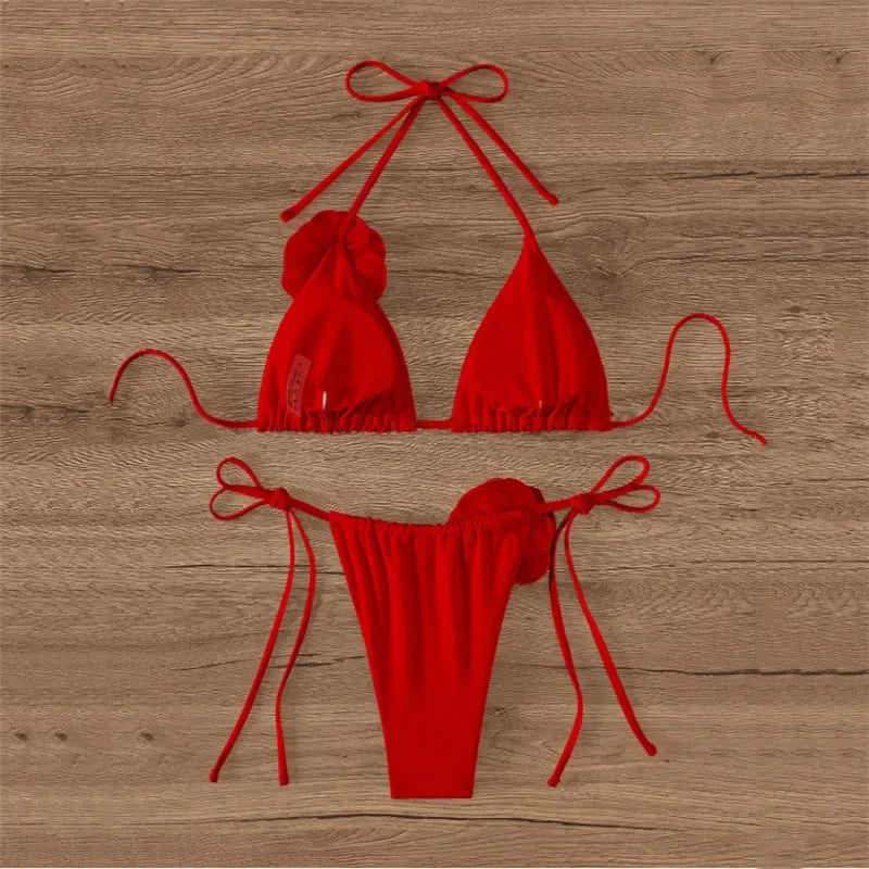 Sexy Flower Bandeau Swimwear Thong Bikini 2026 Women Lace-up Swimsuit Swimming Bathing Suit Brazilian Bikinis Sets Mujer Biquini