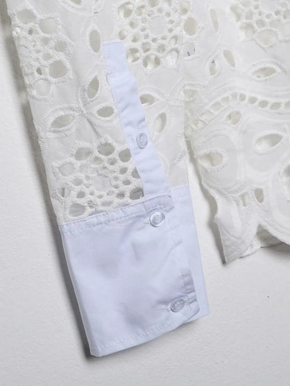 Spring Women Summer White Lace Dress Set Hollow Out Embroidery Shirt Skirt 2 Pcs Robe Outfits Single Breasting Cotton Maxi Dress