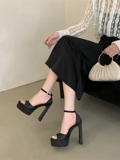 Liyke Runway Style Black High Heels Platform Sandals For Women Cozy Silk Square Toe Buckle Strap Lady Party Dress Shoes Size 40