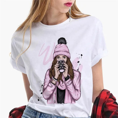 Paris Girl Europe and America Fashion Loose Ins White Short-sleeved T-shirt Woman Graphic T Shirts  Harajuku  Women Clothes