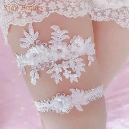 K03 2 PCS Sexy Lace Flower Crystal  Pearls Wedding Garter Belt Thigh Ring Bridal Leg Garter Stocking Garter Belt Girl Women