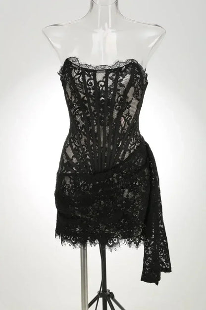 TARUXY Sexy Lace See-through Patchwork Corset Dress Female Bodycon Elegant Party MIrrgualr Mini Dress Women Tube Top Dress New