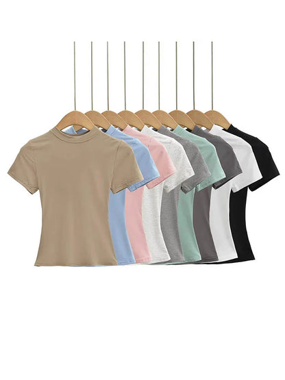 Slim Fit Solid Color Women's Casual T-shirt Short Sleeve Fashion Trend Y2K Top High Quality 2026 New Arrival