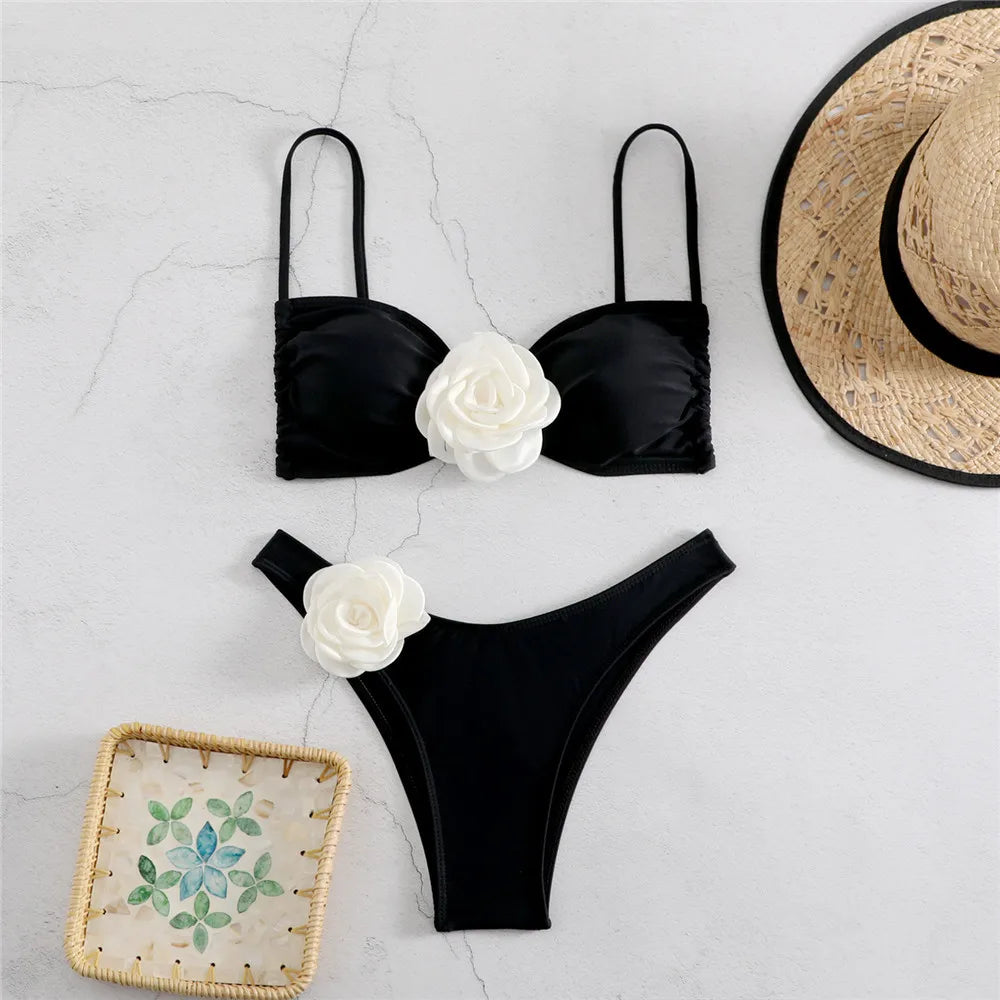 Sexy Flower Bandeau Swimwear Thong Bikini 2026 Women Lace-up Swimsuit Swimming Bathing Suit Brazilian Bikinis Sets Mujer Biquini