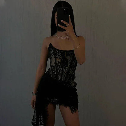 Candyhot Elegant Lace Strapless Sexy See-through Dress Bandage Irregular Mini Dress For Women Summer Slim Street Party Dress