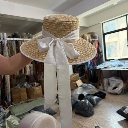 Straw summer hat French elegant ladies seaside travel sun hat Hepburn style wide brim hat  햇빛가리개 모자 모자