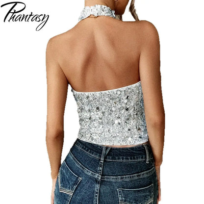 Phantasy Elegant Temperament Neck Sequin Camisole Women T-shirt Sexy Sleeveless Tank Top Female Clothes Tops 2025 Summer