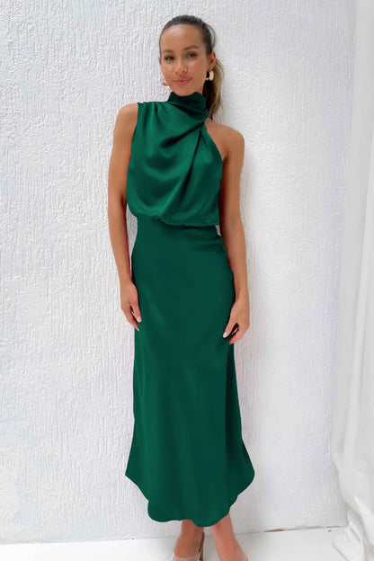 Foridol One Shoulder Turtleneck Tank Satin Women Party Dress Robe Zip Sleeveless Elegant Vintage Folds Women Clothing 2025
