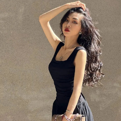 Ruched Bodycon Maxi Dress | Y2K Square Neck Slip Dress -femstylo