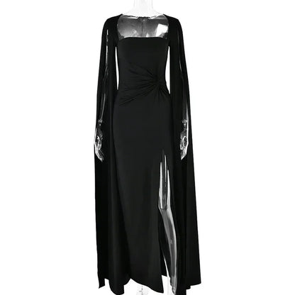 Mozision Long Cape Sleeve Split Maxi Dress For Women Gown Fashion Solid Square Collar Evening Sexy Long Dress Elegant New