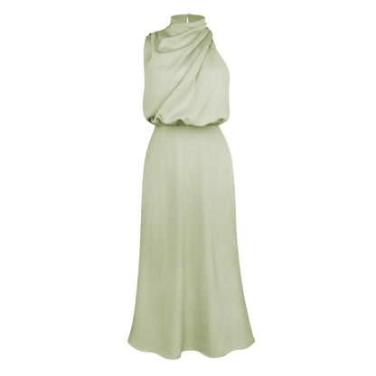 Foridol One Shoulder Turtleneck Tank Satin Women Party Dress Robe Zip Sleeveless Elegant Vintage Folds Women Clothing 2025