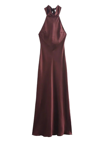 Foridol Halter Satin Dress Women Sexy Backless Burgundy summer spring Dress Elegant Maxi Long Party Dress Christmas Vestidos