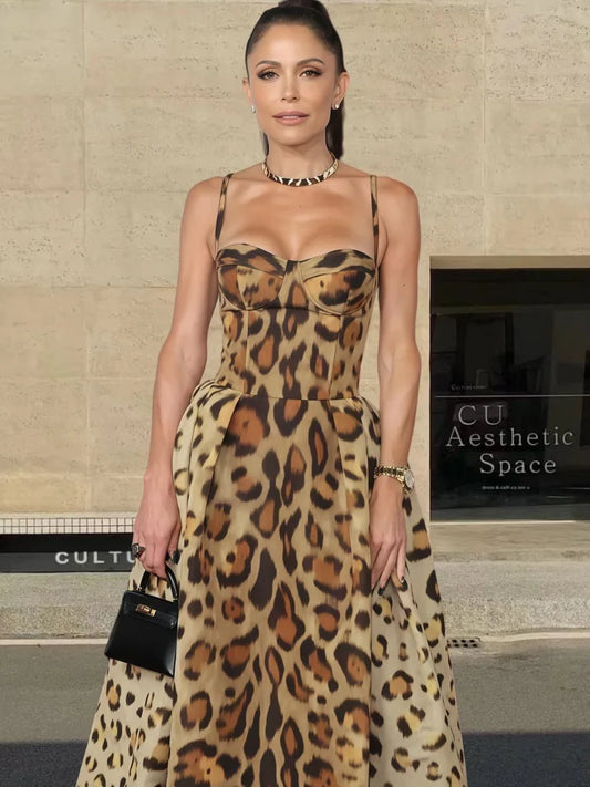 Leopard Print Sleeveless Sling Dress For Women Fashion Chic Backless A Line Dresses 2026 Elegant Female High Street Vestidos