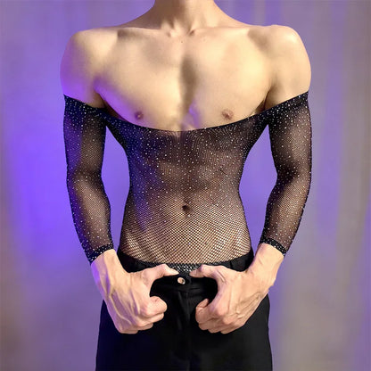 New American Style Fashion Men Vests Tops Crew Neck Sexy Hollow  Mesh Bodysuit Casual  Long Sleeve Tank Clubwear Party Costume