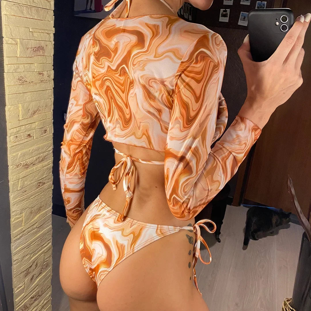 S- XXL Leopard Printed Long Sleeve Bikini Women Swimwear Female Swimsuit Three-piece Bikini set Bather Bathing Suit Swim V3193SW