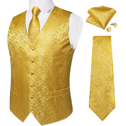 Fashion Light Blue Paisley Silk Vests for Men with Tie Handkerchief Cufflinks Business Wedding Party Waistcoat Tuxedo Vest