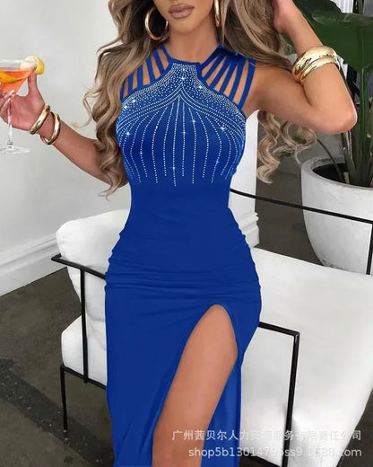 Women Spring Summer Glitter Lurex Halter High Slit Slim Fit Metal Chain Mid-Calf Bodycon Party Dress Sexy