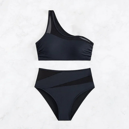 Sexy Black Bikini Women Swimsuit Two Piece Swimwear High Waisted Bikinis Set One Shoulder Bathing Suits Brazilian Biquini Mesh