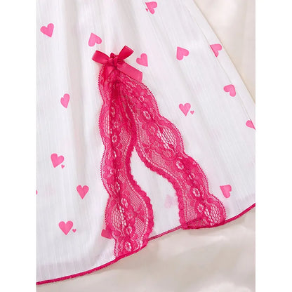Women's Sleepwear Underwear Rose Lace Bow & Heart Print  Sleep Dress Sexy Pijamas Set  V Neck  Pajamas Mini Nightgowns Hot Dress