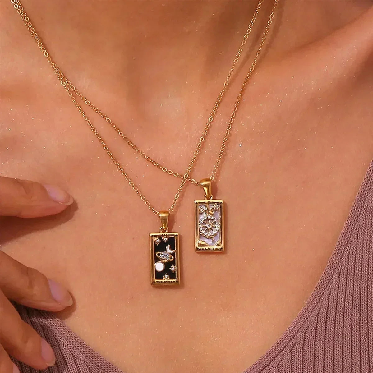 YILUOCD Original Zirconia Tarot Card Necklace Classic Tarot Queen Lover Magician Moon Wealth Amulet Stainless Steel Jewelry