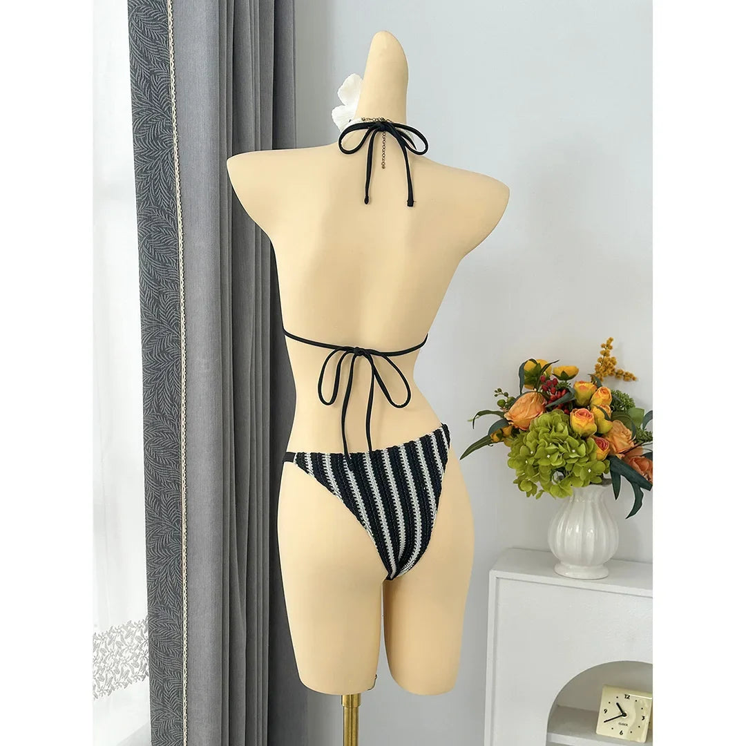 With Pants Striped Halter Bikini Female Swimsuit Women Swimwear Three-Pieces Bikini Set Brazilian Bather Bathing Suit Swim V7838