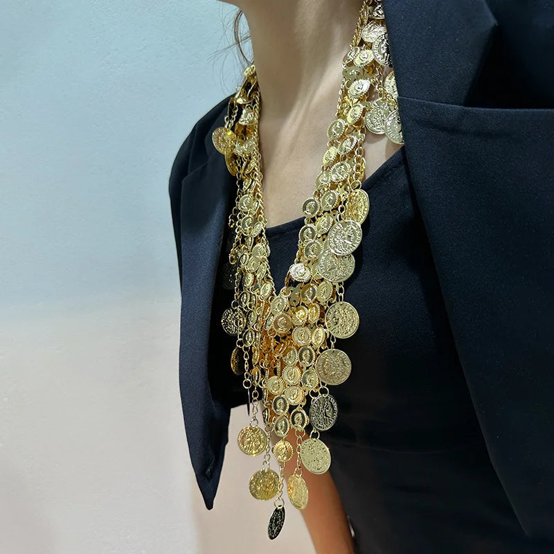 Punk exaggerated retro metal coin pendant necklace Fashion sexy exotic multi-layer fringe necklace waist chain women