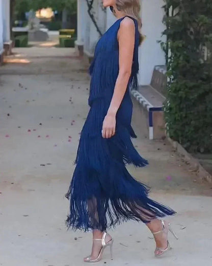 Spring and Summer New Fashion Fringed Slanted Shoulder Asymmetrical Dress for Women