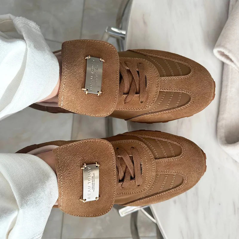 BEAUTODAY Fashion Trainers Women Cow Suede Sneakers Metal Buckle Leather Flats Lace Up Female Casual Shoes Handmade 29897