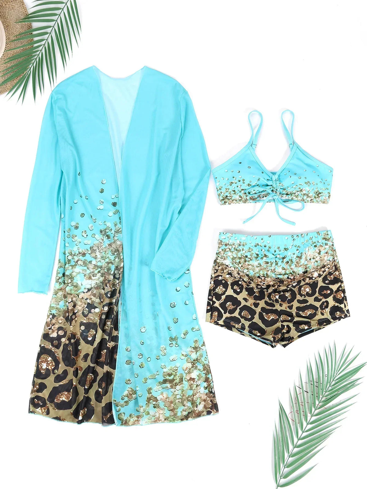 Women Bathing Suit  Print Leopard Bikinis 3 Pieces Swimsuit Kimono High Waist Bikini Shorts Long Sleeve Beach Cover Up Swimwear