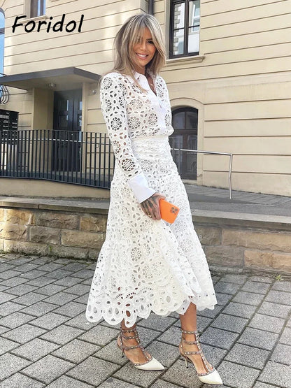 Spring Women Summer White Lace Dress Set Hollow Out Embroidery Shirt Skirt 2 Pcs Robe Outfits Single Breasting Cotton Maxi Dress