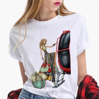 Paris Girl Europe and America Fashion Loose Ins White Short-sleeved T-shirt Woman Graphic T Shirts  Harajuku  Women Clothes