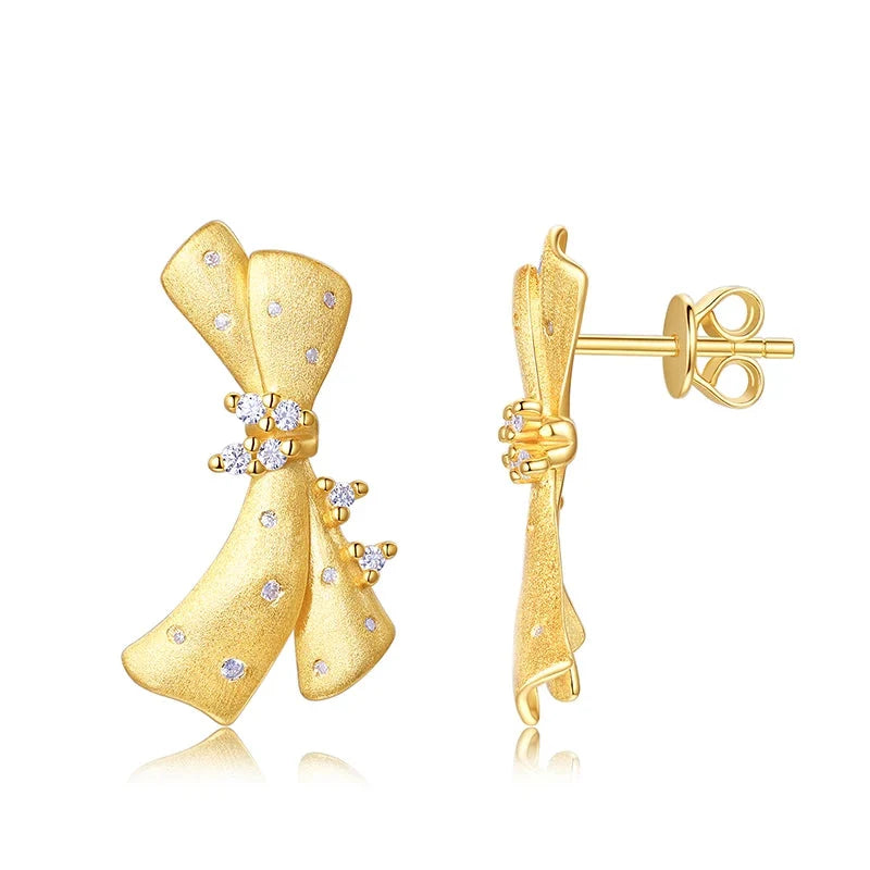 Gold-Tone Moissanite Ribbon Bow Stud Earrings