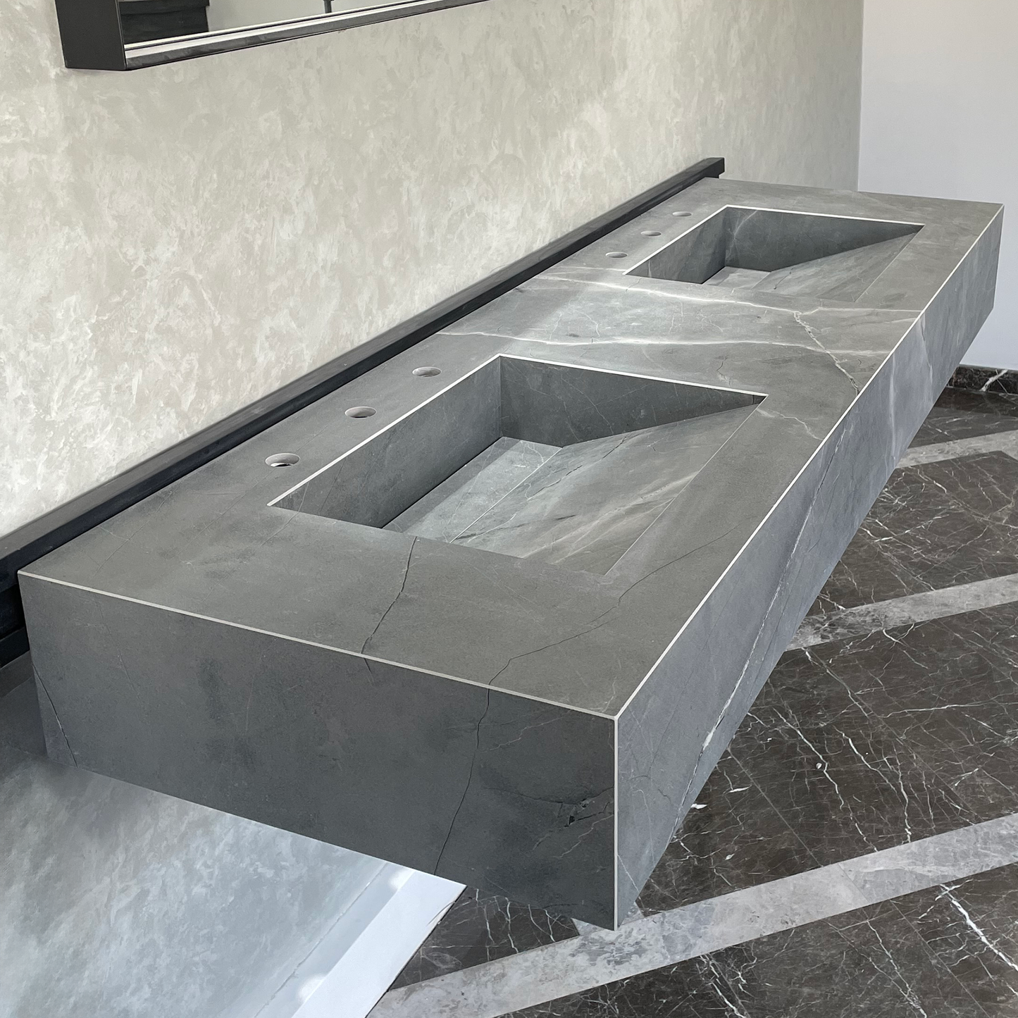 Armani Grey Engineered Porcelain Double Sink Handcrafted with Modern Marble Aesthetics