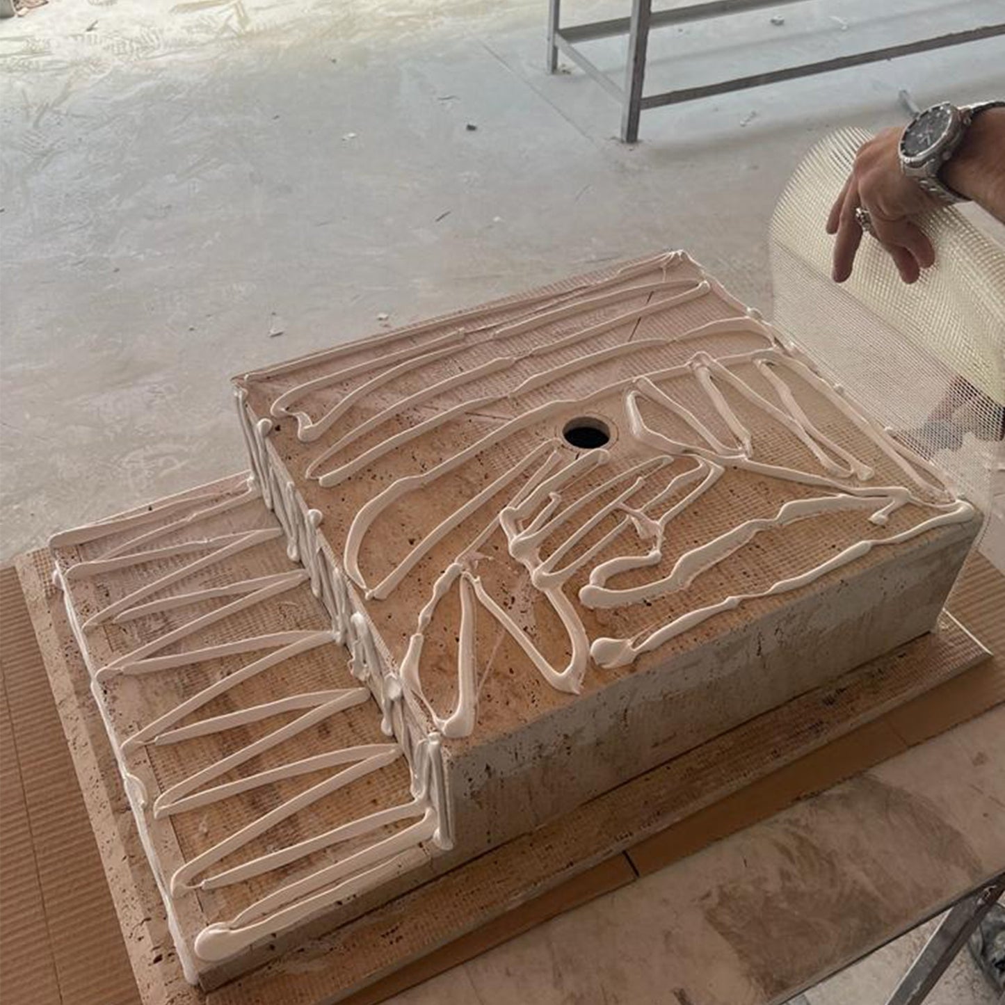 Beige Travertine Hand Carved Vanity Sink with Natural Vein Cut
