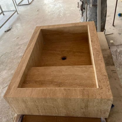 Beige Travertine Hand Carved Vanity Sink with Natural Vein Cut