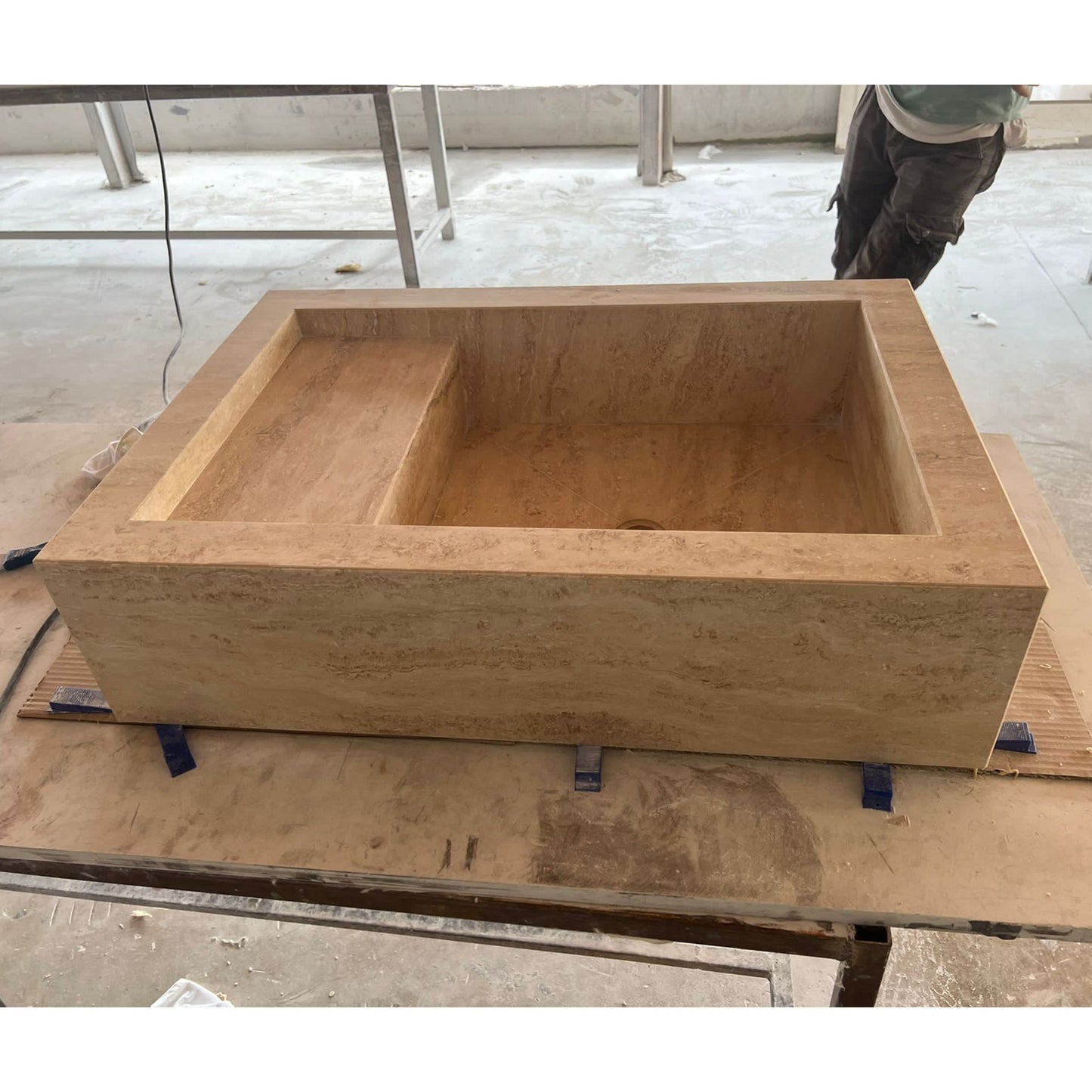 Beige Travertine Hand Carved Vanity Sink with Natural Vein Cut