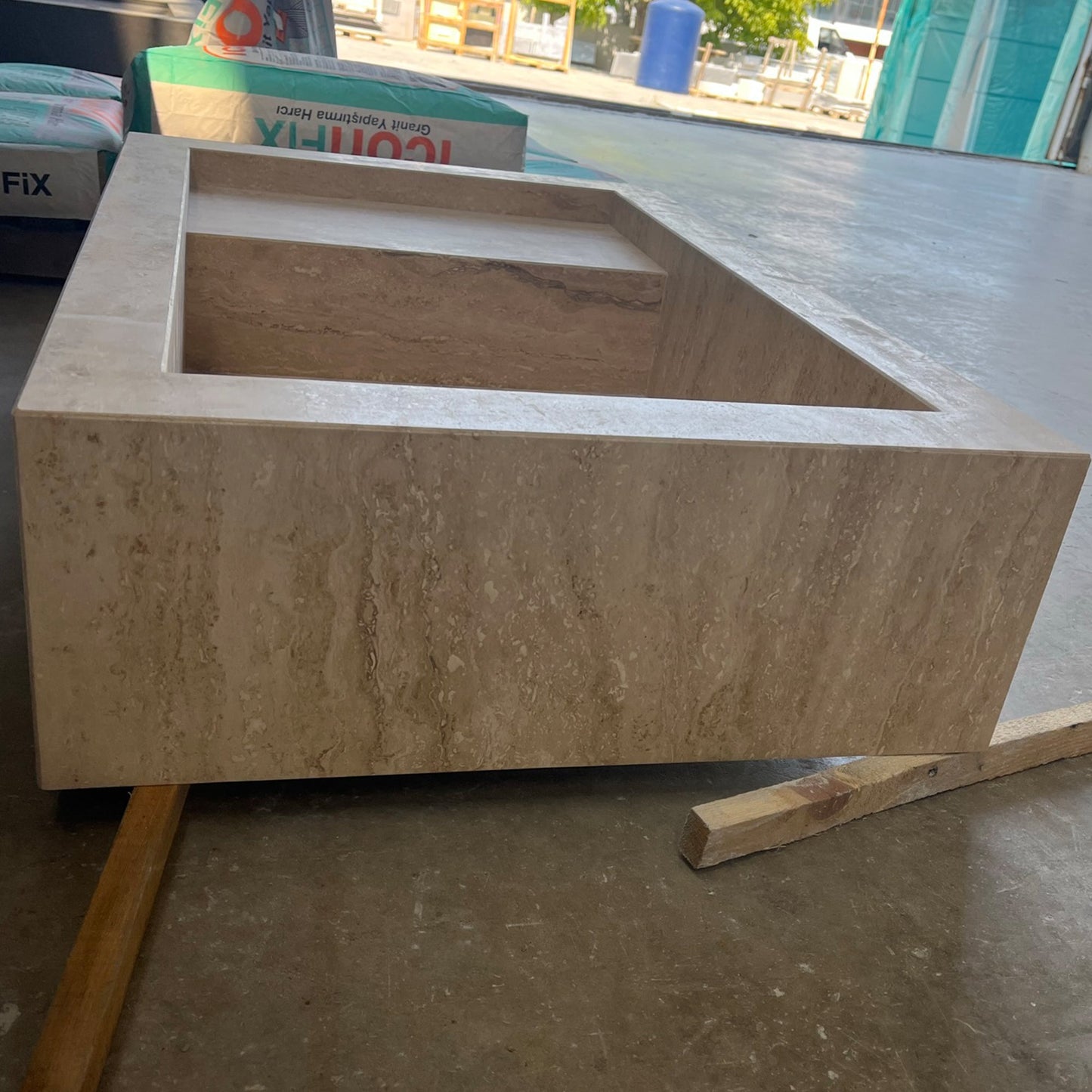 Beige Travertine Hand Carved Vanity Sink with Natural Vein Cut