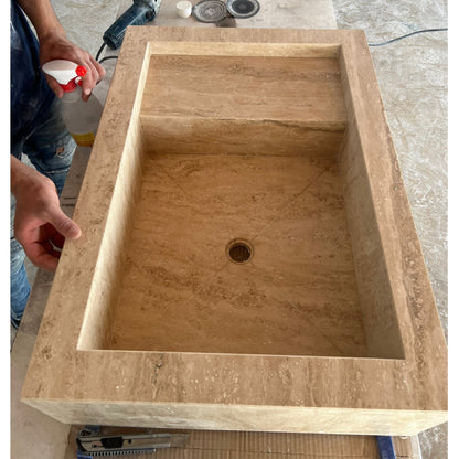 Beige Travertine Hand Carved Vanity Sink with Natural Vein Cut